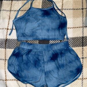 Blue Tie-Dye Halter Top and Shorts Set